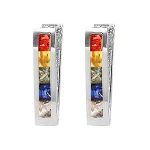 14K. GOLD HUGGIE EARRING WITH MULTI COLORS SAPPHIRES (White Gold)